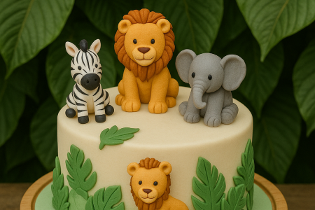 Bolo de aniversário com tema Safari, tem uma Zebra, um Leão e um Elefante