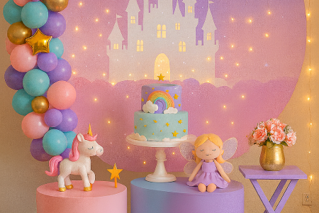 Detalhes da decoração com balões, painel temático e iluminação em LED, destacando textura e cores