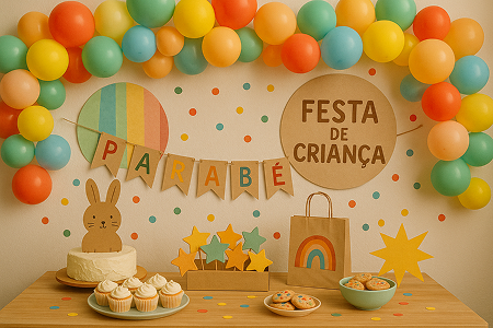Painel decorado com balões para comemorar aniversário infantil