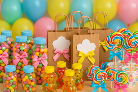 Imagem colorida e alegre de uma mesa de festa infantil com lembrancinhas variadas e decoradas